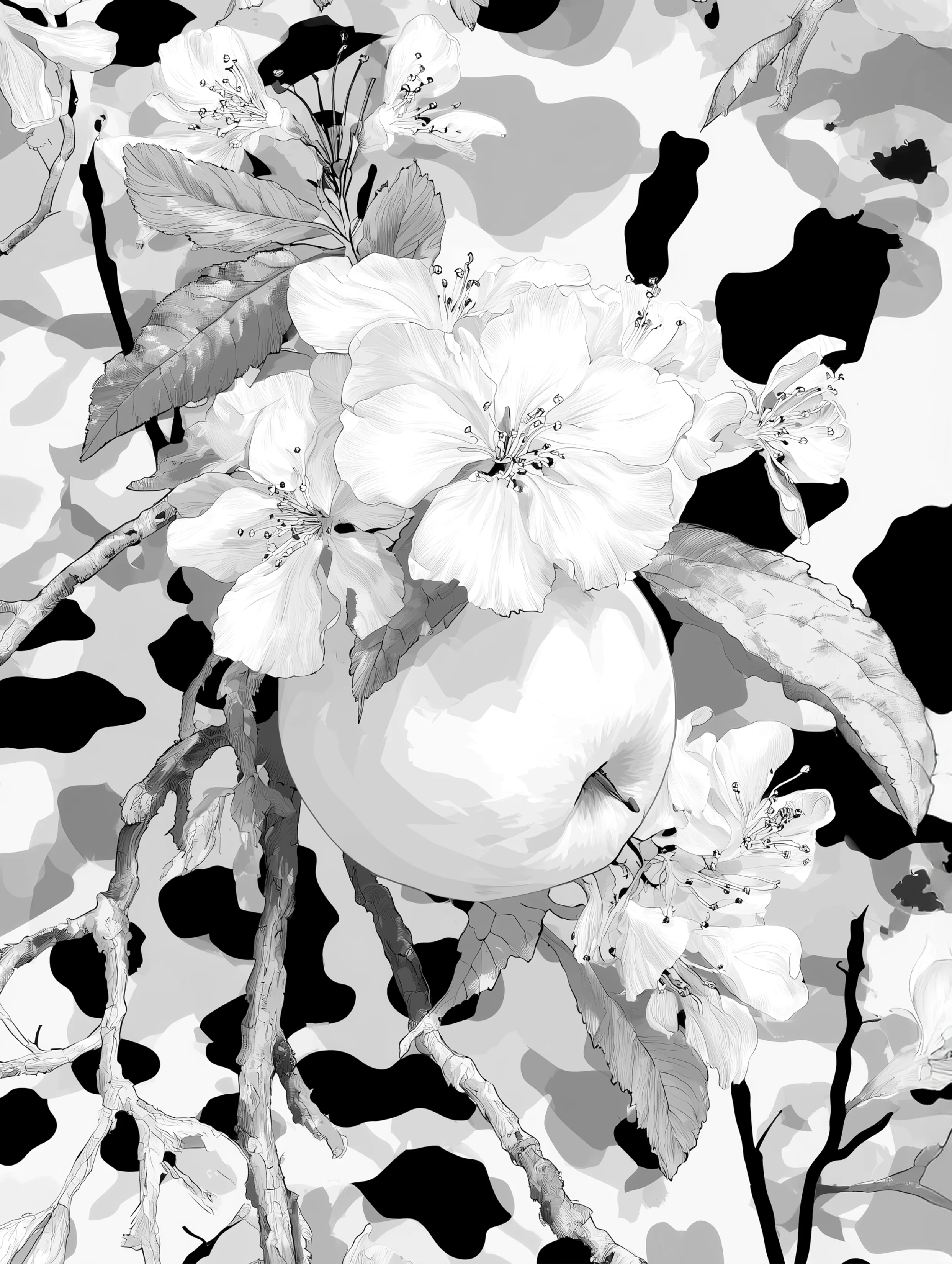 Free printable apple coloring page for adults featuring bunch of flowers with apple